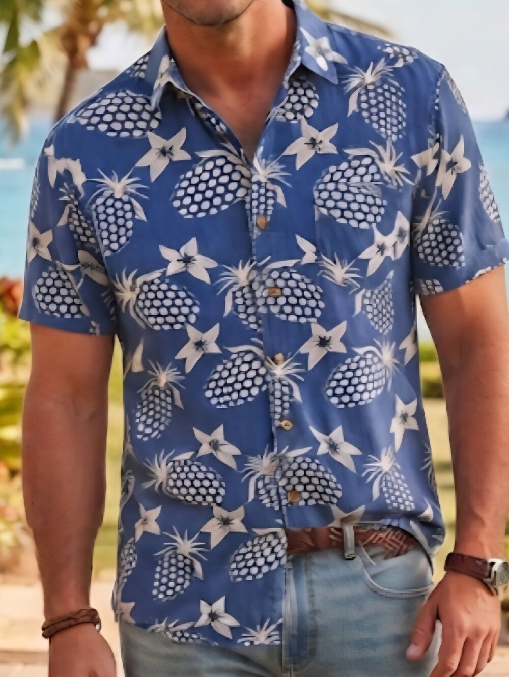 Honolua Blue Pineapple Print Short Sleeve Button Down Shirt 100% Cotton Sz Large